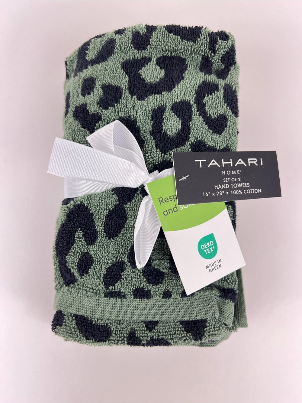 Tahari Home Hand Towel Set Green Black Leopard Print Soft 100% Cotton 2 Pc NEW